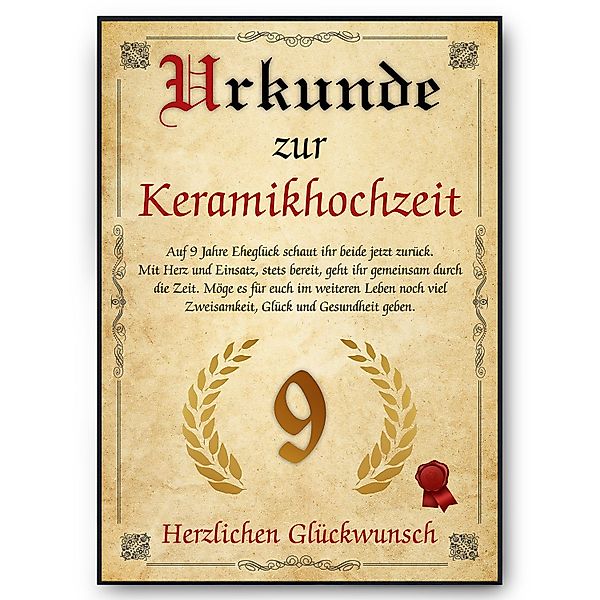 Tigerlino Poster Urkunde zum 9. Hochzeitstag günstig online kaufen