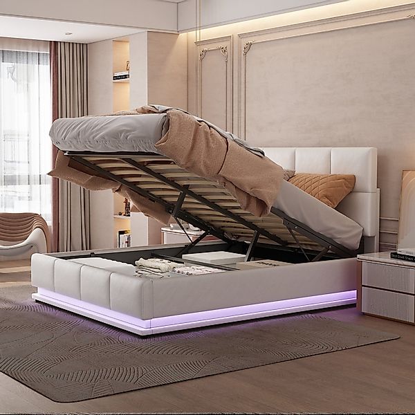 Flieks Polsterbett, LED hydraulisches Doppelbett Kunstleder günstig online kaufen