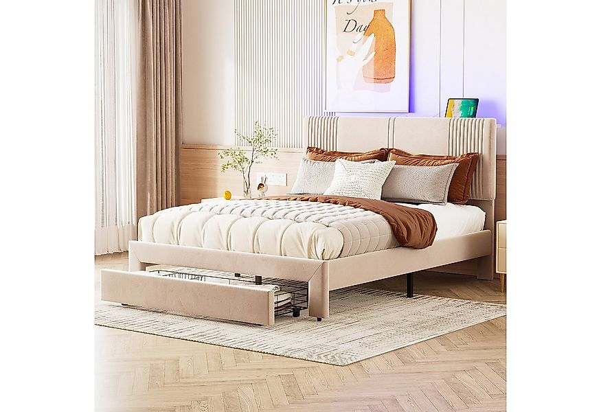 Flieks Polsterbett, LED Doppelbett 140x200cm mit 2 USB-Ladeanschlüsse und g günstig online kaufen