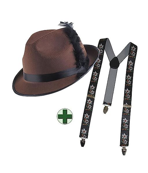Karneval-Klamotten Trachten-Kostüm Bayernhut braun mit Hosenträger schwarz günstig online kaufen