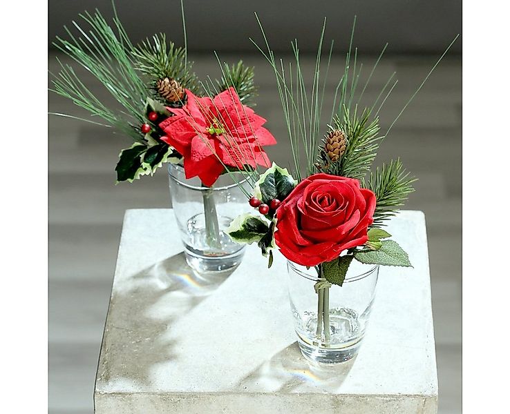 Kunstblume Weihnachtsstern und Rose im Glas rot 18 cm Kunstblume von DPI, D günstig online kaufen