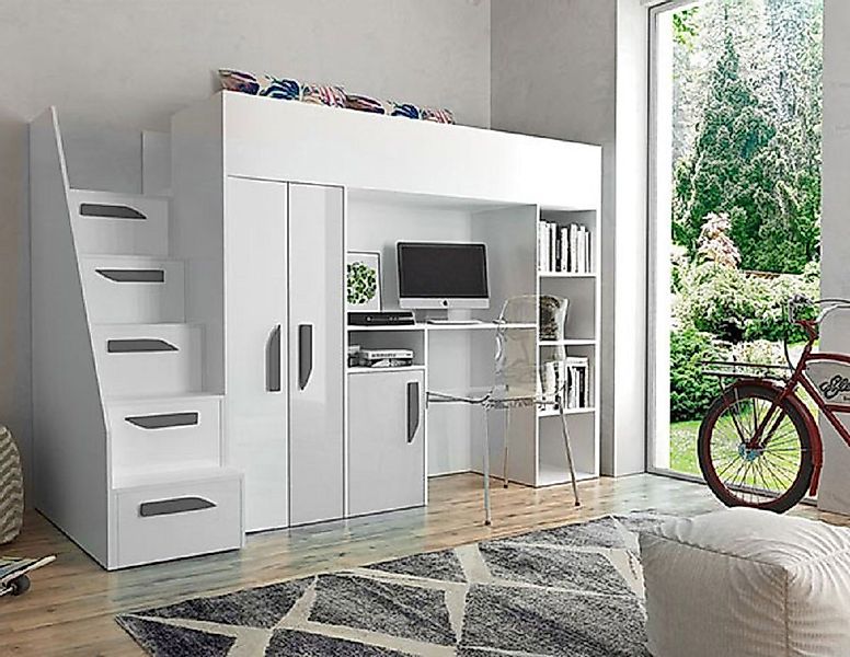 Hochbett PARTY (Etagenbett mit Schreibtisch + Kleiderschrank) Farbe wählbar günstig online kaufen
