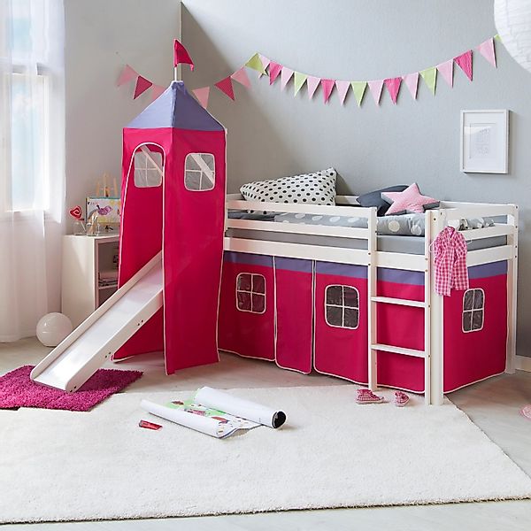 Homestyle4u Hochbett 90x200 Weiß Vorhang Pink 1553 günstig online kaufen