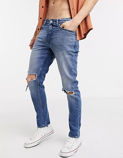 New Look – Enge Jeans mit Knierissen in Blau günstig online kaufen