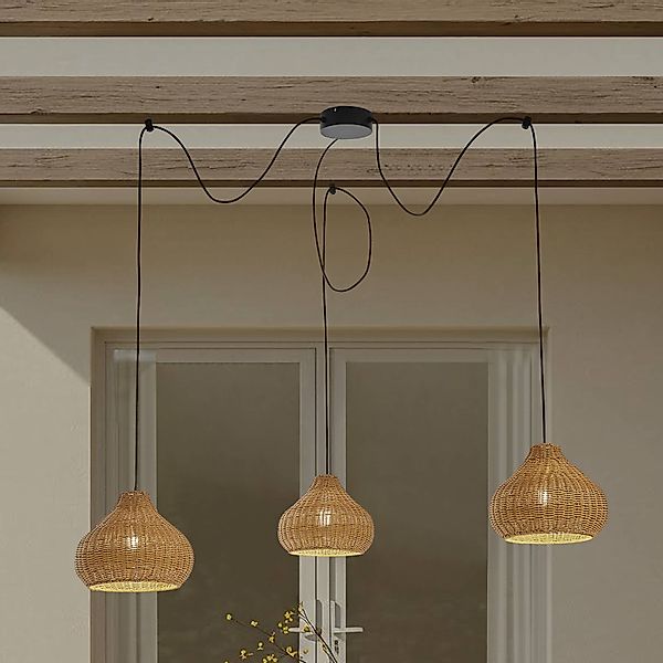Lucande Außenhängelampe Taniola, 3-flg., beige, Rattan, IP44 günstig online kaufen