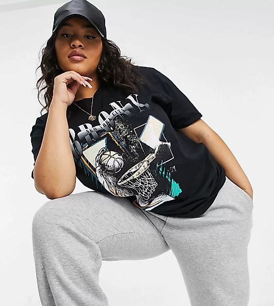 Missguided Plus – T-Shirt mit Bronx-Grafik in Schwarz günstig online kaufen