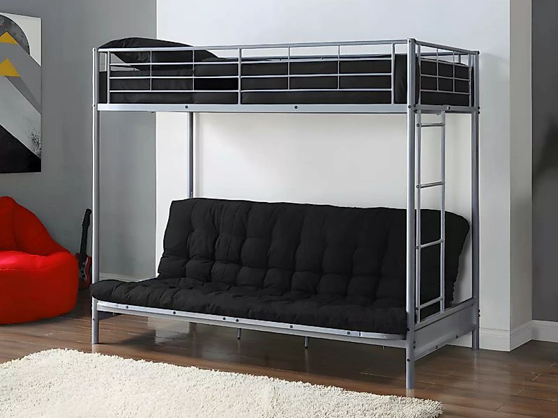 Hochbett mit Schlafsofa + Futonmatratze - 90 x 190 cm - Metall - Silberfarb günstig online kaufen