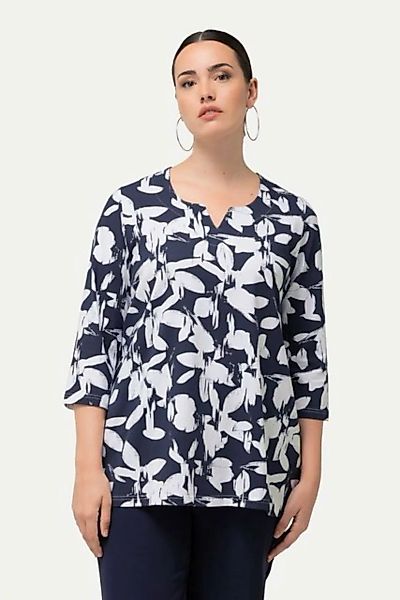 Ulla Popken Rundhalsshirt Shirt Blätter A-Linie Tunika-Ausschnitt 3/4-Arm günstig online kaufen