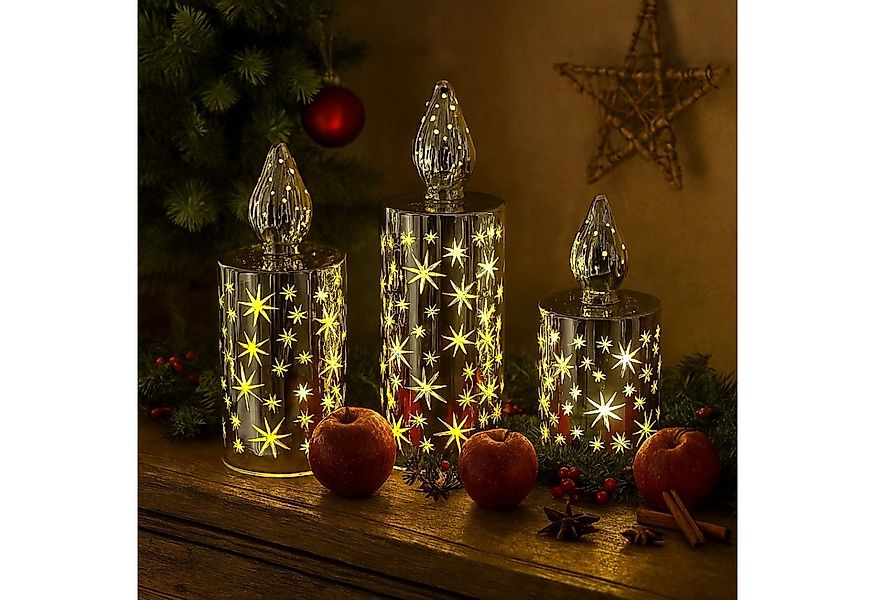 Online-Fuchs LED-Kerze 3er Set LED-Kerzen aus Glas mit Sternen, Lichterkett günstig online kaufen
