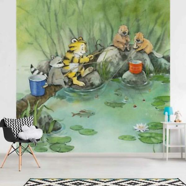 Bilderwelten Kindertapete Kleiner Tiger - Beim Angeln blau Gr. 288 x 288 günstig online kaufen