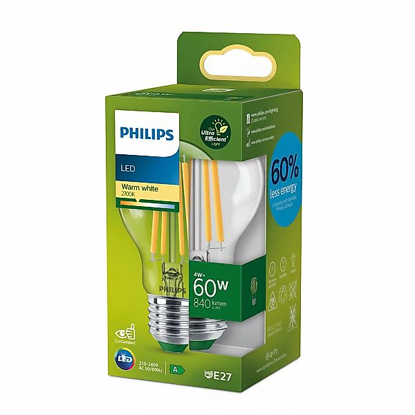 Philips Ultra Efficient LED Filament Lampe ersetzt 60W E27 Birne - A60 4W 8 günstig online kaufen