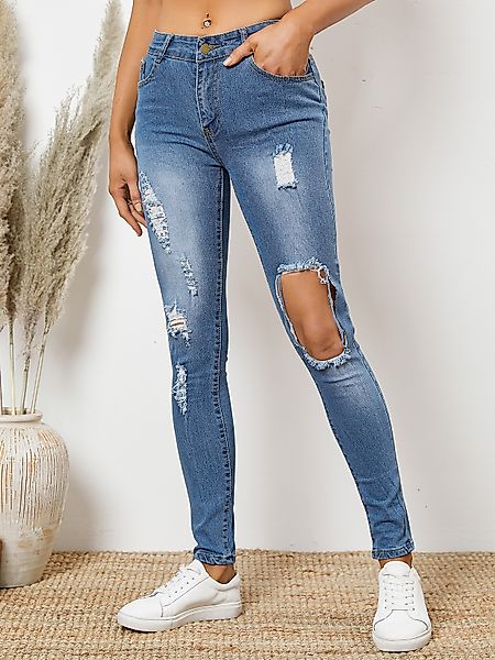 Blaue Jeans mit seitlichen Ausschnitten und zufälligen Rippendetails günstig online kaufen