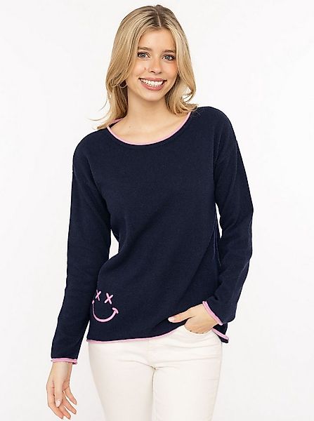 Zwillingsherz Rundhalspullover "Happy Face" Stickerei, aufgerollte kontrast günstig online kaufen