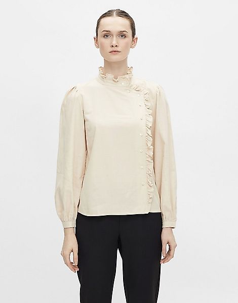 Object – Langärmlige Bluse in Creme mit Knopfleiste vorne-Weiß günstig online kaufen
