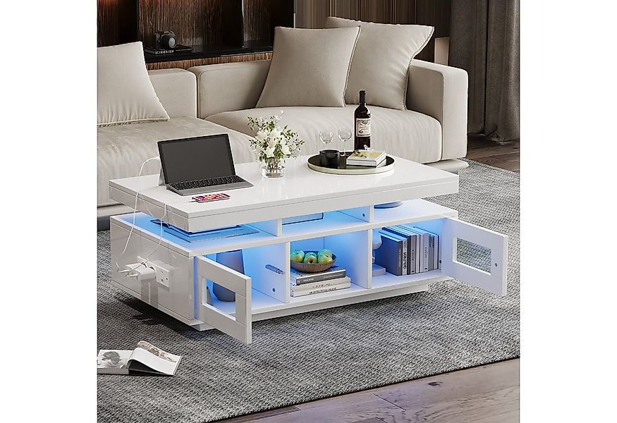 HAUSS SPOLE Couchtisch Hochglanz-Sofatisch mit LED-Leuchten, Ladeanschluss günstig online kaufen