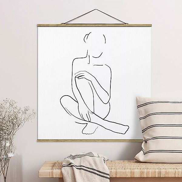 Stoffbild Abstrakt mit Posterleisten - Quadrat Line Art Frau sitzt Schwarz günstig online kaufen