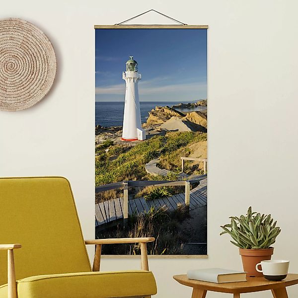 Stoffbild Strand mit Posterleisten - Hochformat Castle Point Leuchtturm Neu günstig online kaufen