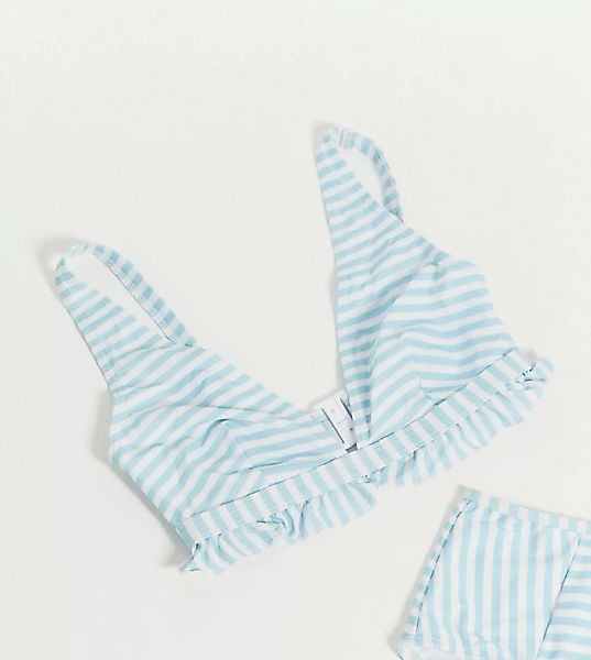 Peek & Beau – Fuller Bust – Blau gestreiftes Bikinioberteil mit tiefem Auss günstig online kaufen