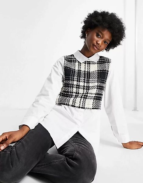 New Look – 2 in 1 – Langärmeliges Hemd aus Bouclé-Popeline mit Muster in We günstig online kaufen