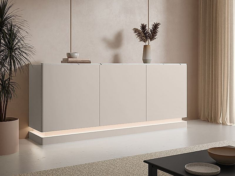 Sideboard mit 3 Türen - Mit LED-Beleuchtung - MDF - Beige & weiße Marmor-Op günstig online kaufen