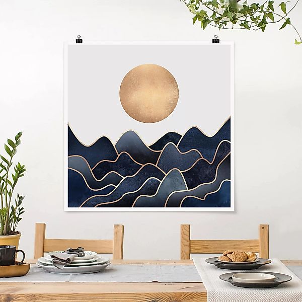 Poster Abstrakt - Quadrat Goldene Sonne blaue Wellen günstig online kaufen