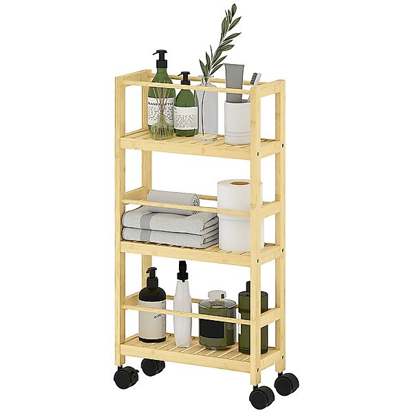 HOMCOM Badezimmerregal mit 3 Ebenen und Rollen, Bambuswagen, Platzsparendes günstig online kaufen