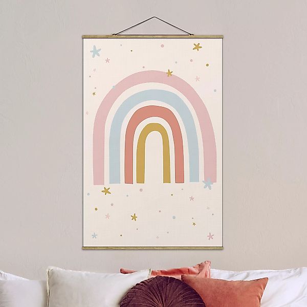 Stoffbild mit Posterleisten Großer Regenbogen mit Sternen und Pünktchen günstig online kaufen