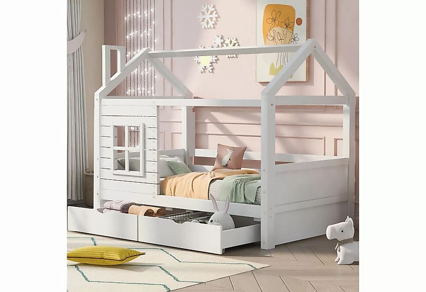 Flieks Kinderbett, Hausbett Massivholzbett Jugendbett Weiß 200x90cm günstig online kaufen