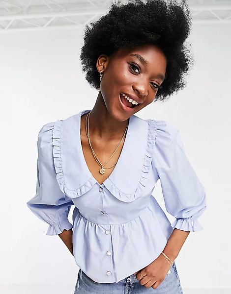Miss Selfridge – Popeline-Hemd mit Kragen in Blau günstig online kaufen