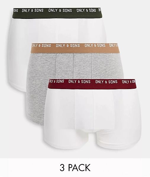 Only & Sons – 3er-Pack Unterhosen in Grau und Weiß mit kontrastierendem Log günstig online kaufen