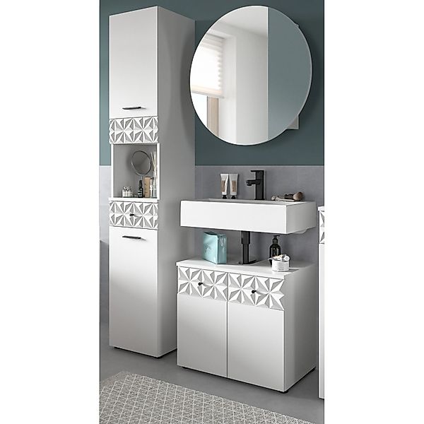 Inn.Furn Badmöbel Set in Weiß Hochglanz 3-teilig 120 cm Relief günstig online kaufen