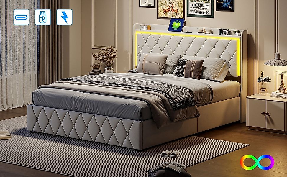 Gdood Polsterbett Stauraumbett LED Doppelbett (1-tlg. Mit LED-Licht und USB günstig online kaufen