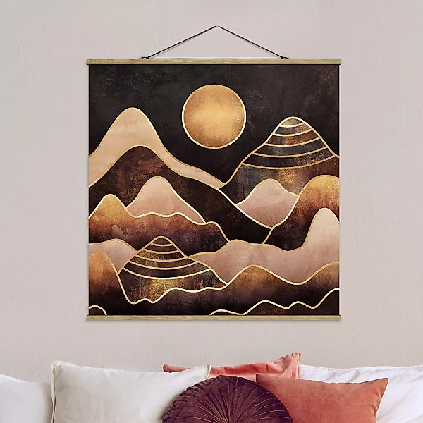 Stoffbild Abstrakt mit Posterleisten - Quadrat Goldene Sonne abstrakte Berg günstig online kaufen