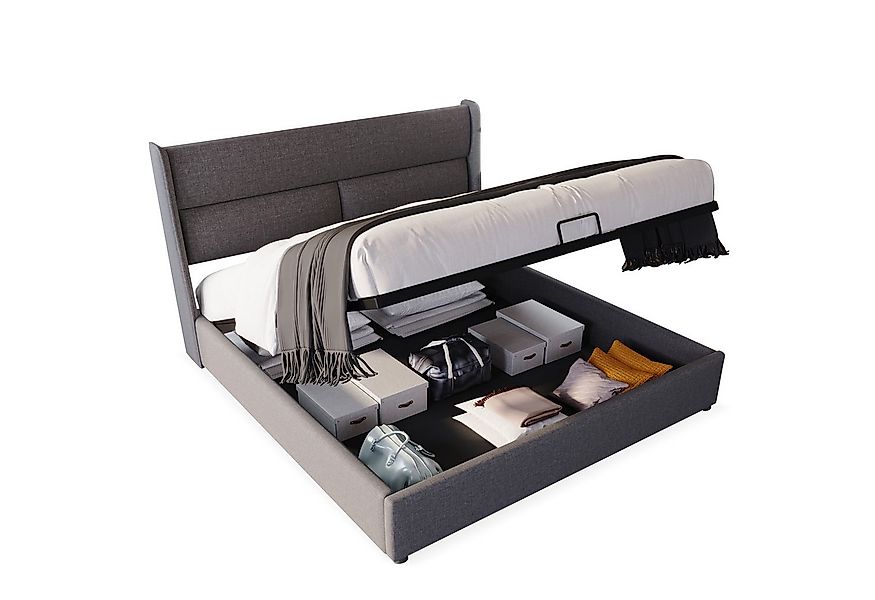 Flieks Polsterbett, Leinen Stauraumbett mit verstellbaren Kopfstützen 180x2 günstig online kaufen