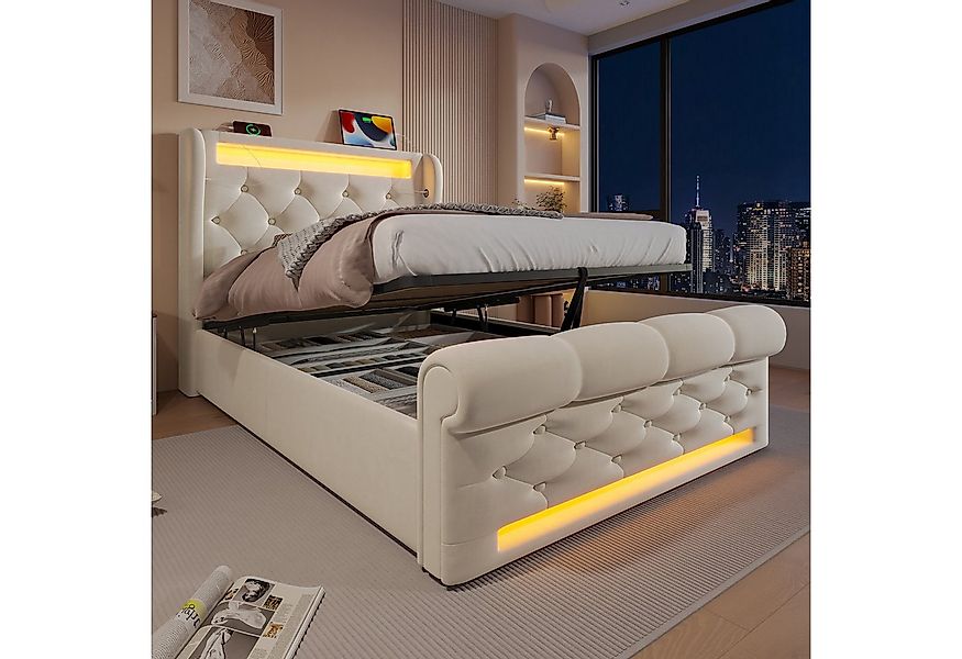 Flieks Polsterbett, Hydraulisches Stauraumbett 90x200cm mit LED Beleuchtung günstig online kaufen