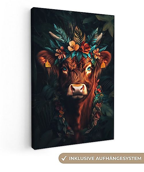 OneMillionCanvasses® Leinwandbild Schottischer Highlander - Blumen - Blätte günstig online kaufen