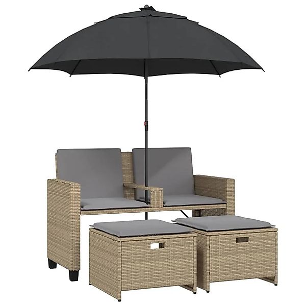 vidaXL Gartensofa 2-Sitzer Sonnenschirm und Hocker Beige Poly-Rattan 365887 günstig online kaufen