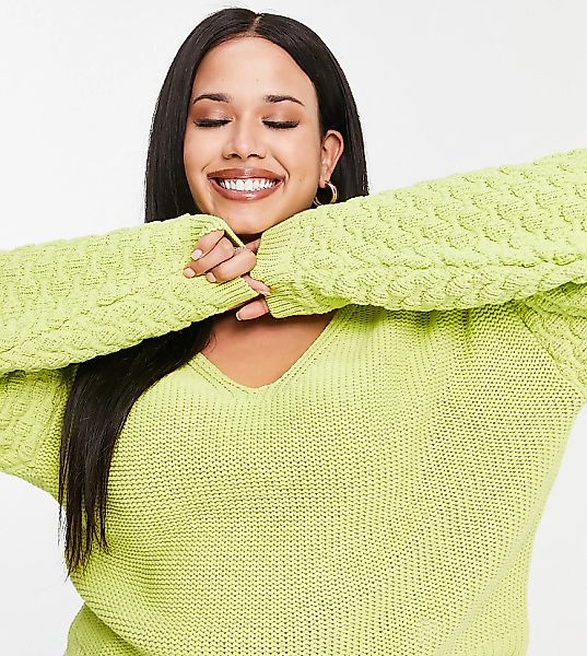ASOS DESIGN Curve – Pullover in Grün mit V-Ausschnitt und strukturierten Är günstig online kaufen