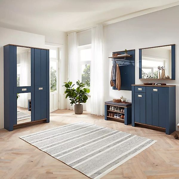 Garderoben Set mit Schrank und Spiegel, blau im Landhausstil mit Eiche, DEV günstig online kaufen