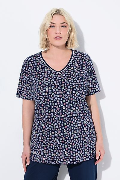 Ulla Popken Pyjamaoberteil Pyjamashirt Blüten V-Ausschnitt günstig online kaufen