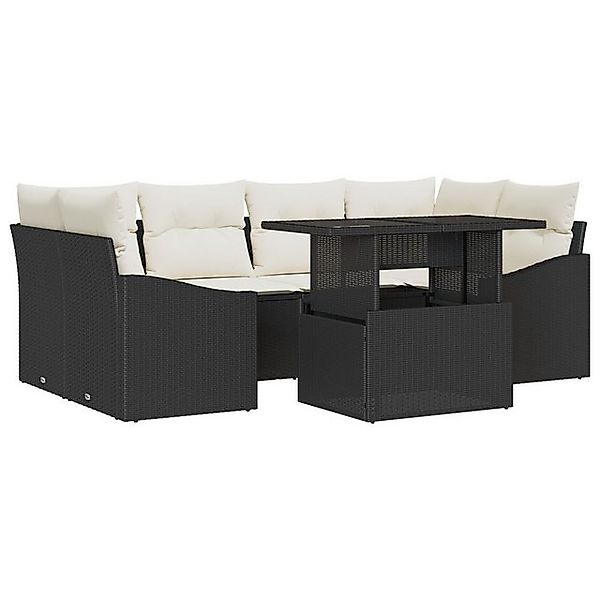 vidaXL Loungesofa 7-teiliges Garten-Sofa-Set mit Kissen Schwarz PE Rattan, günstig online kaufen