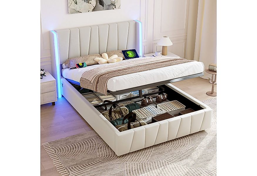 STILVORA Polsterbett Funktionsbett 140x200 mit USB-Anschlüsse,Doppelbett Ki günstig online kaufen
