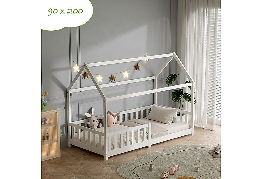 ecoMI Kinderbett Hausbett, Rausfallschutz, Lattenrost, 90x200 & 80x160, Wei günstig online kaufen