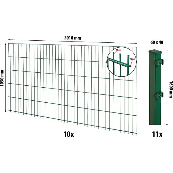 Floraworld Doppelstabmatten-Zaunset mit Pfosten 6 x 4 cm Grün 103 x 2000 cm günstig online kaufen