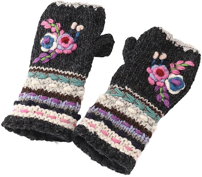 Guru-Shop Strickhandschuhe Handstulpen aus Wolle mit Blume, handgestrickte. günstig online kaufen