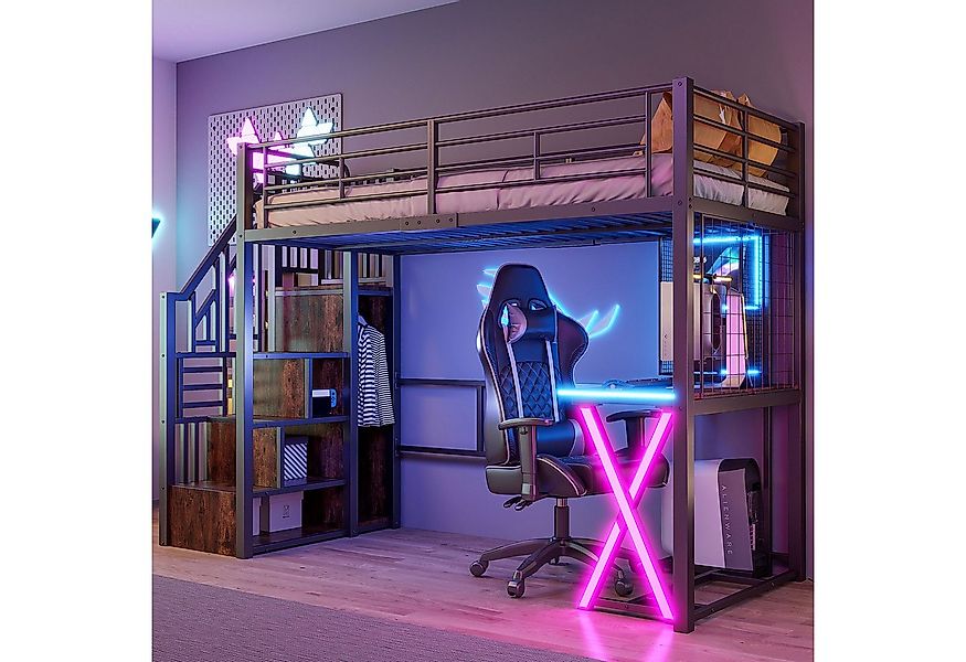 Flieks Hochbett LED Metallbett 90x200cm mit Schreibtisch Kleiderschrank Sta günstig online kaufen