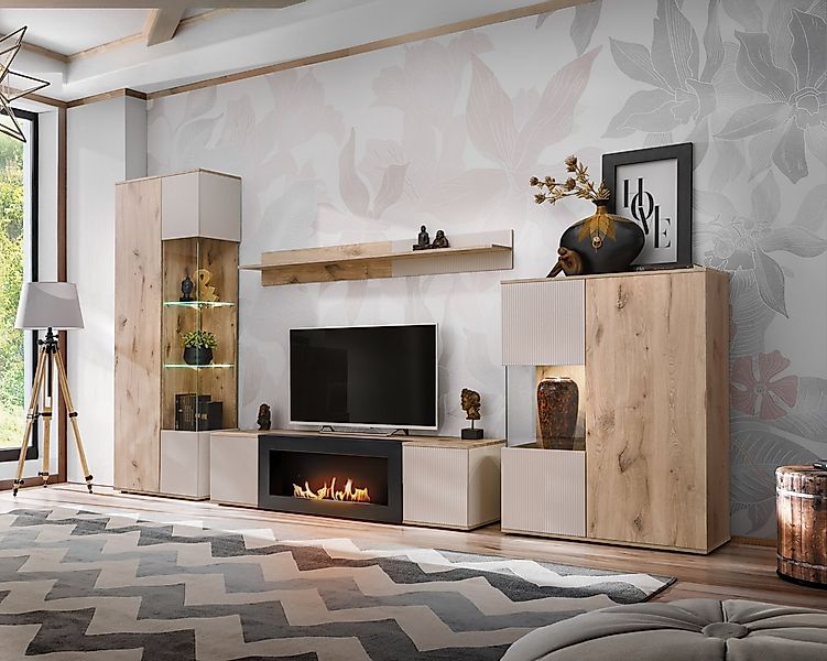 ASM-Moebel Wohnwand Wohnwand CATALINA mit Rillenfront Bio Ethanol Kamin LED günstig online kaufen