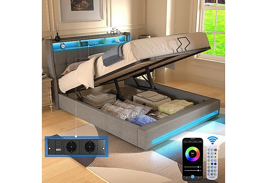 oyajia Polsterbett Doppelbett mit LED Licht 140x200cm,Hydraulisch anhebbare günstig online kaufen