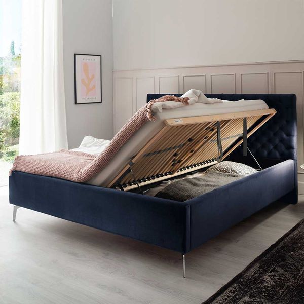 Komfortbett Stoff Blau aus Samt Gestell Metall Chrom günstig online kaufen