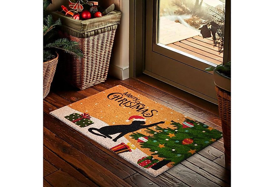 BRUBAKER Fußmatte 45 x 75 cm - Katze spielt mit Weihnachtskugel - Schmutzfa günstig online kaufen